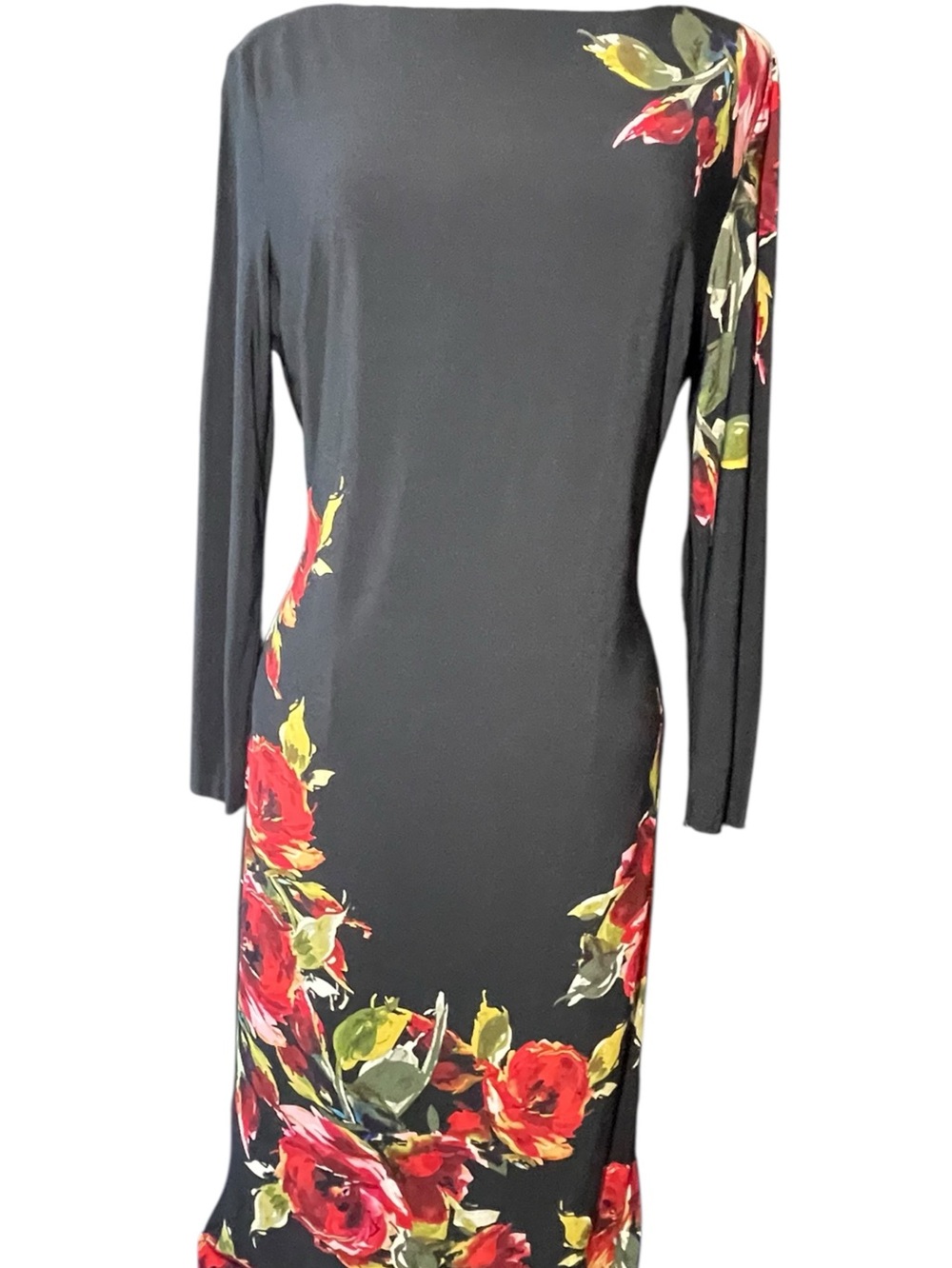 Caché Black Long-Sleeve Rose Floral Boatneck Body Con Midi Dress Women’s Size L